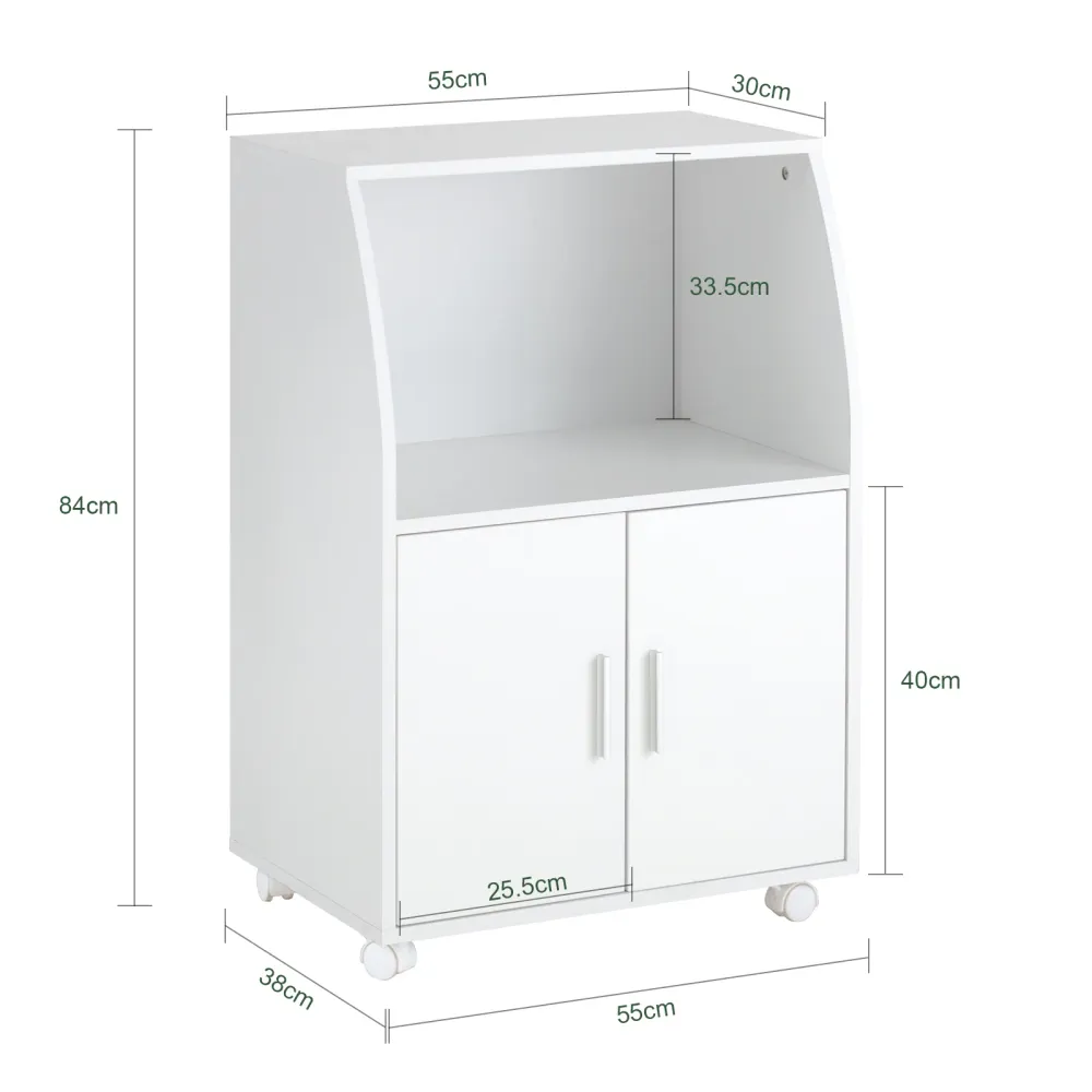 SoBuy FRG241-W Platzsparender Küchenschrank mit Türen und verstellbarem Regal – Kompakter Wagen mit Rollen für Mikrowelle,...
