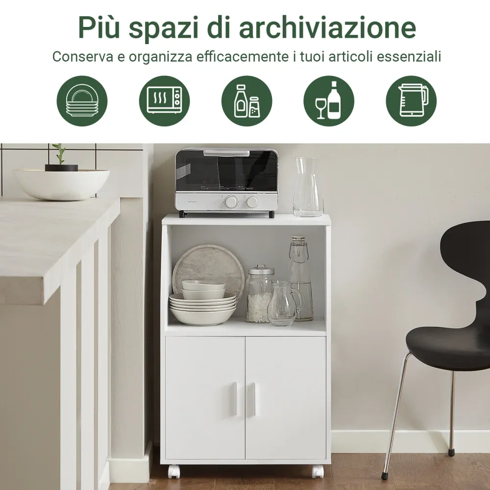 SoBuy FRG241-W Platzsparender Küchenschrank mit Türen und verstellbarem Regal – Kompakter Wagen mit Rollen für Mikrowelle,...