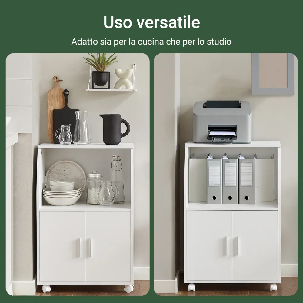 SoBuy FRG241-W Platzsparender Küchenschrank mit Türen und verstellbarem Regal – Kompakter Wagen mit Rollen für Mikrowelle,...