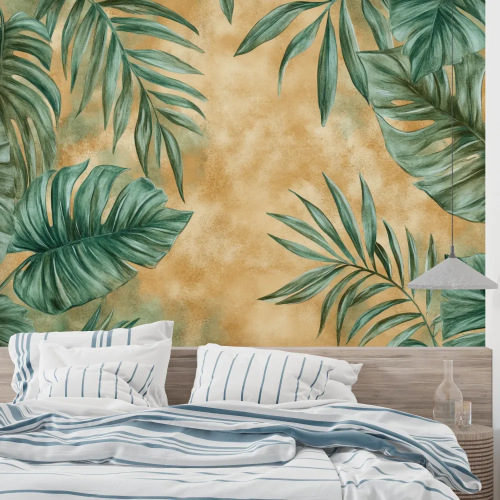 Tropische Tapete | Monstera- und Palmenblätter auf Terrakotta