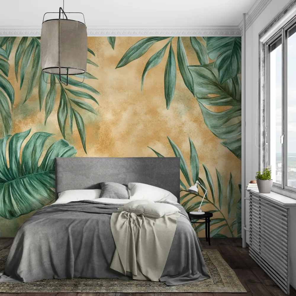Tropische Tapete | Monstera- und Palmenblätter auf Terrakotta