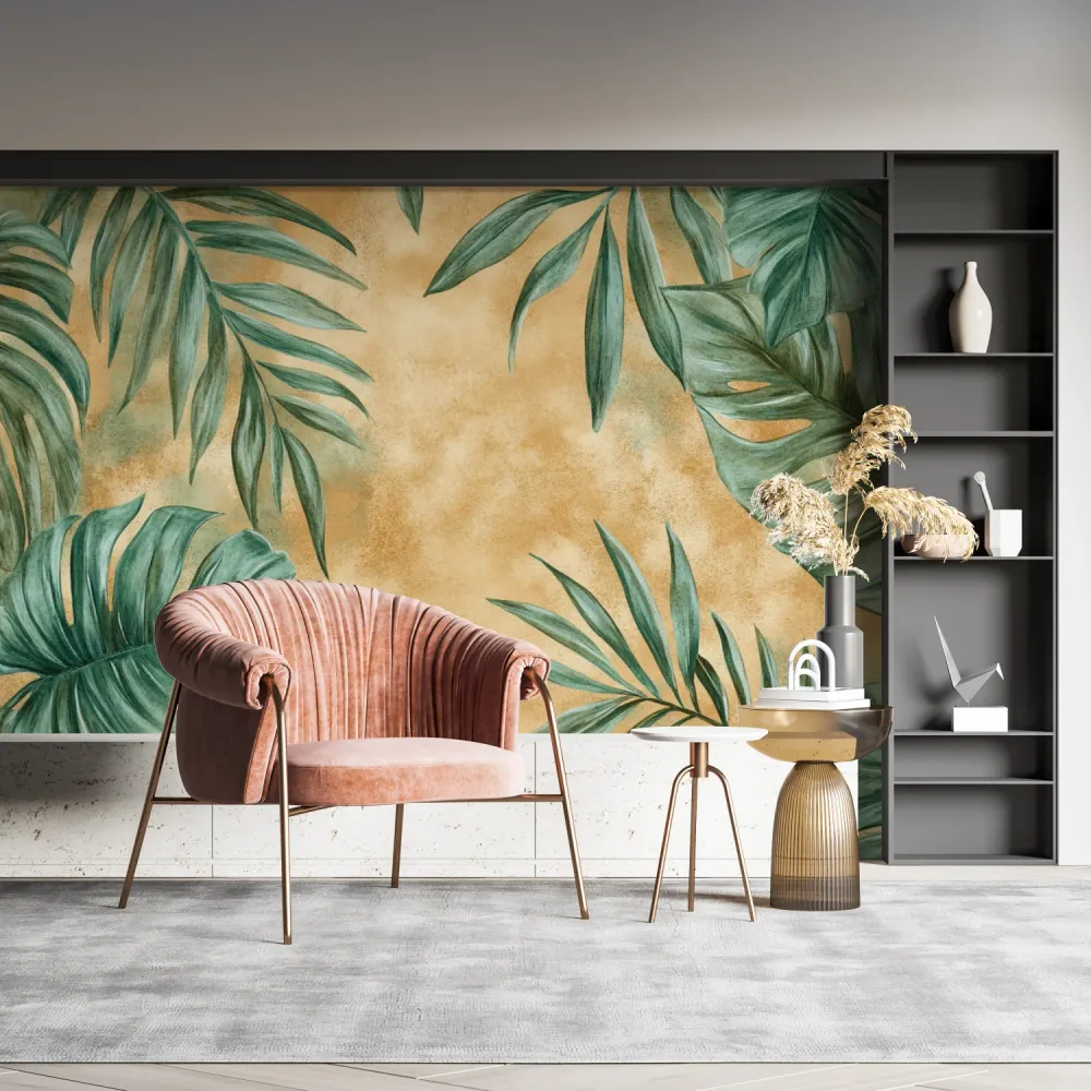 Tropische Tapete | Monstera- und Palmenblätter auf Terrakotta