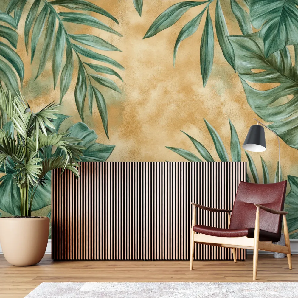 Tropische Tapete | Monstera- und Palmenblätter auf Terrakotta