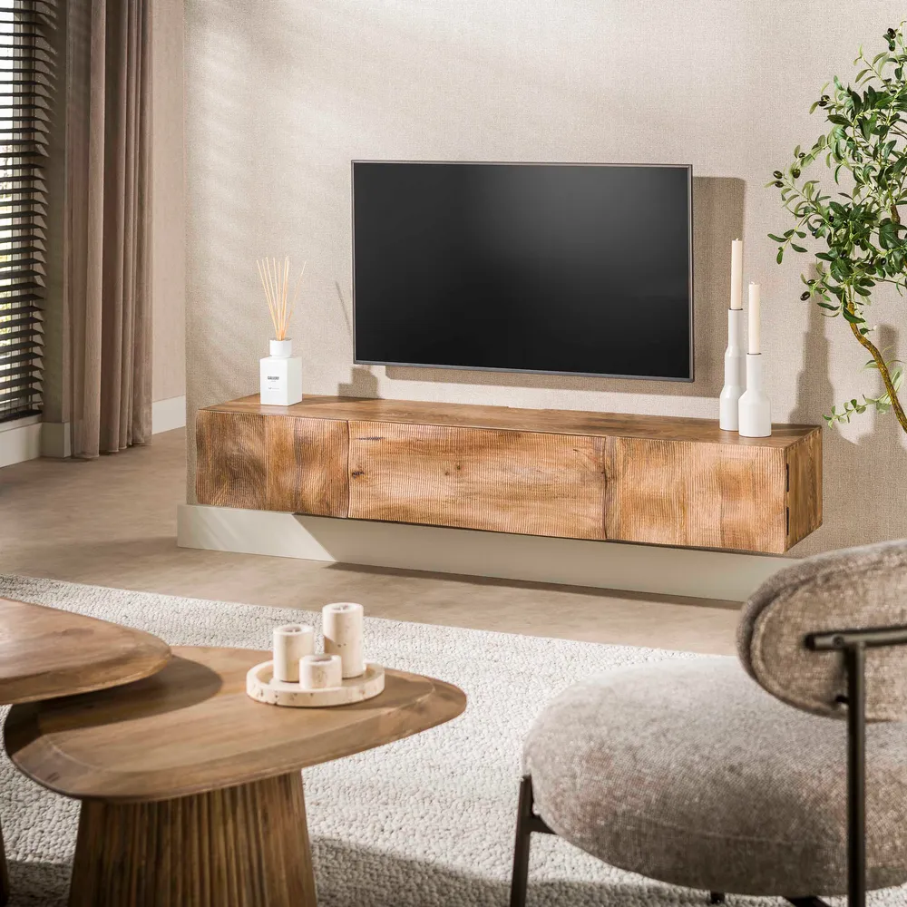 TV-Schrank MAREA 2--1 Massivholz-Lowboard mit 3D-Wellenfront Hairpin-Legs 160cm