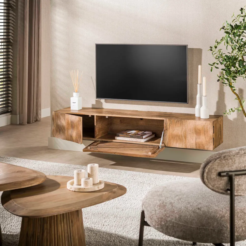 TV-Schrank MAREA 2--1 Massivholz-Lowboard mit 3D-Wellenfront Hairpin-Legs 160cm