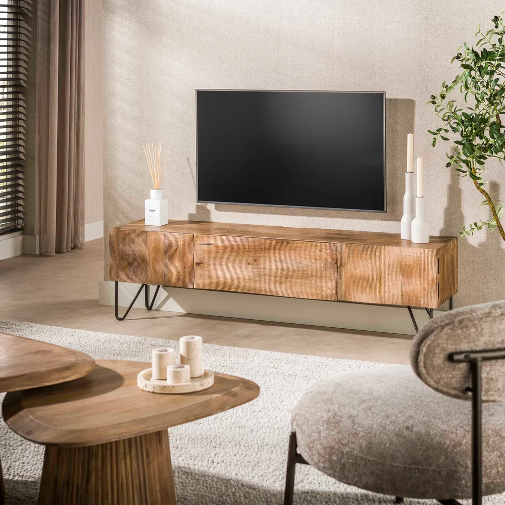 TV-Schrank MAREA 2--1 Massivholz-Lowboard mit 3D-Wellenfront Hairpin-Legs 160cm