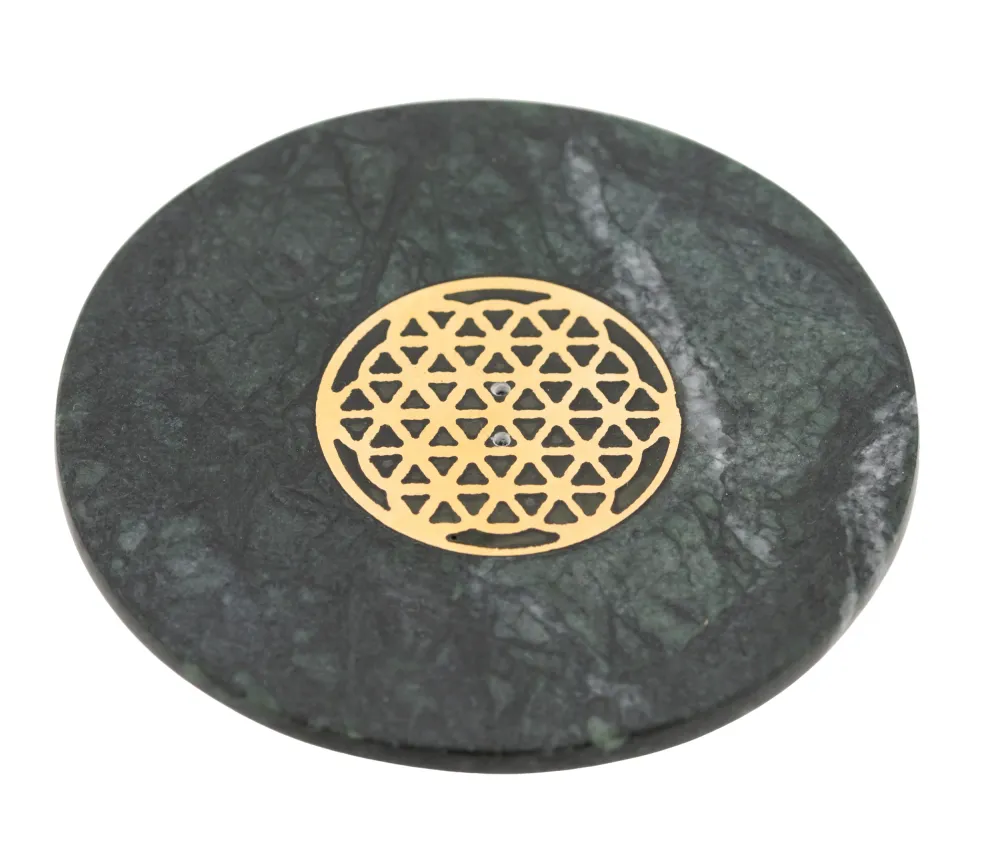 Räucherstäbchenhalter Blume des Lebens – grüner Marmor - Ø 10 cm