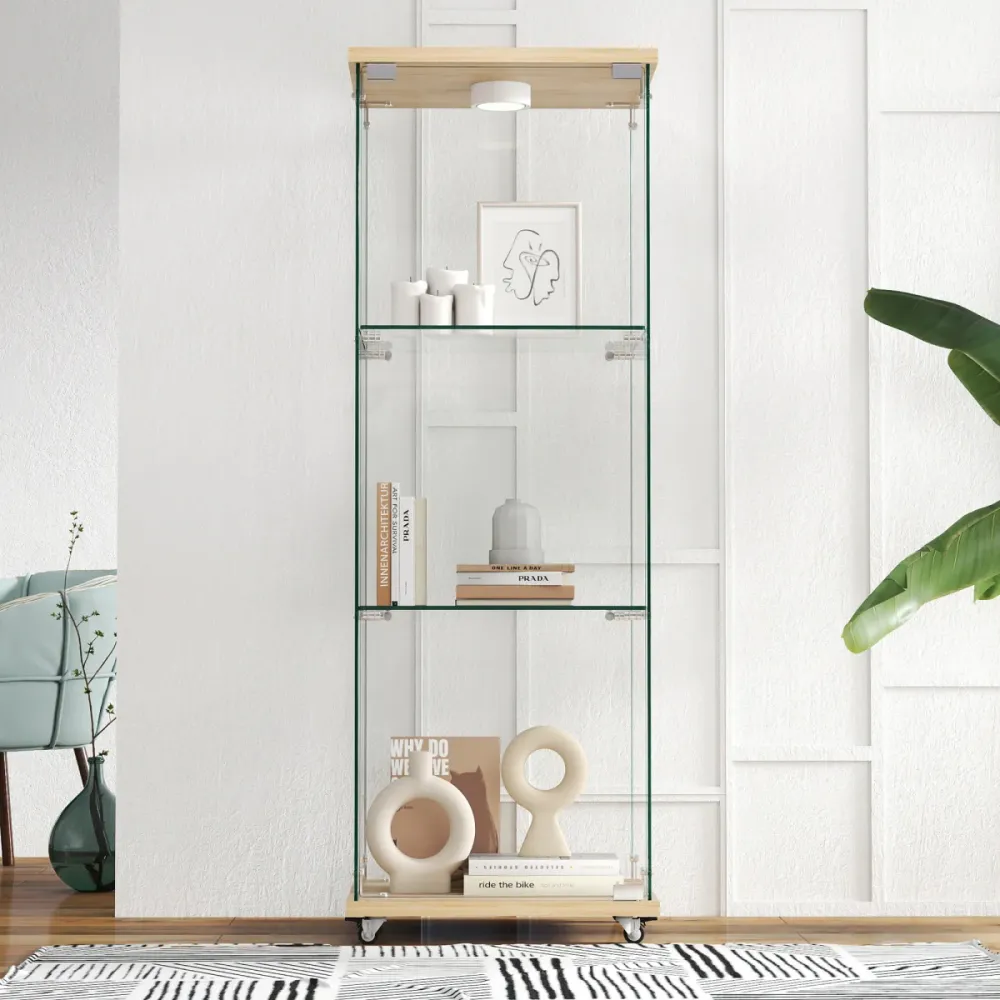 Glasvitrine Naturholzoptik 42,5x36,5x120 cm mit LED-Beleuchtung, 1 Tür, 3 Ebenen, gehärtetes Glas, Bücherregal