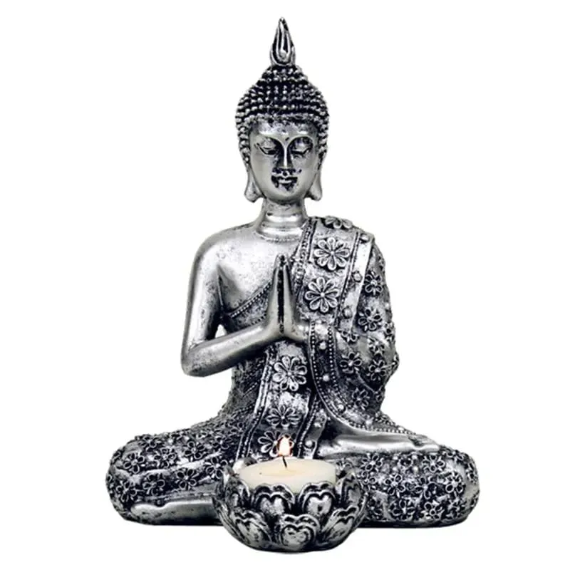 Buddha Teelichthalter – Meditierend – Silberfarben