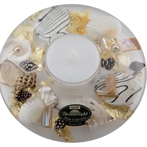 Dreamlight: Teelichthalter aus Glas, Ufo Mini, „Goldene Muscheln“, weiß