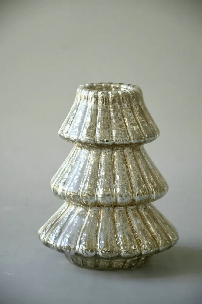 Glas-Teelichthalter „Baum“ – 15 cm, antiksilber
