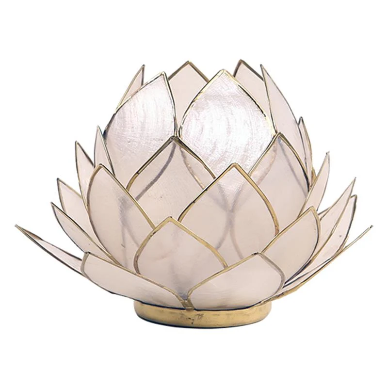 Großer Lotus Teelichthalter aus Capiz-Muschel – beige mit goldfarbenem Rand