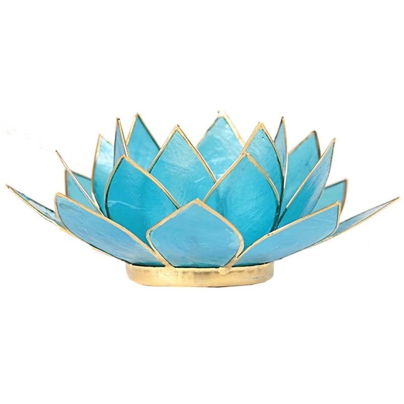 Lotus Teelichthalter aus Capiz-Muschel – blau mit goldfarbenem Rand (5. Chakra)
