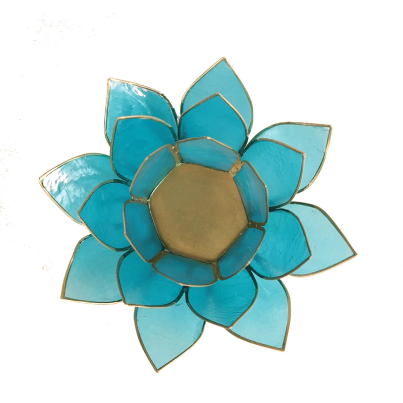 Lotus Teelichthalter aus Capiz-Muschel – blau mit goldfarbenem Rand (5. Chakra)