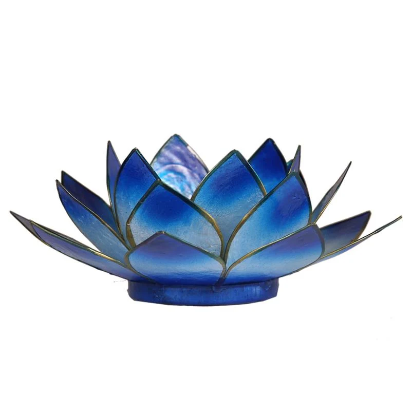 Lotus Teelichthalter aus Capiz-Muschel – blau/schwarz mit goldfarbenem Rand