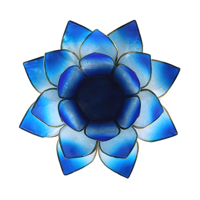 Lotus Teelichthalter aus Capiz-Muschel – blau/schwarz mit goldfarbenem Rand