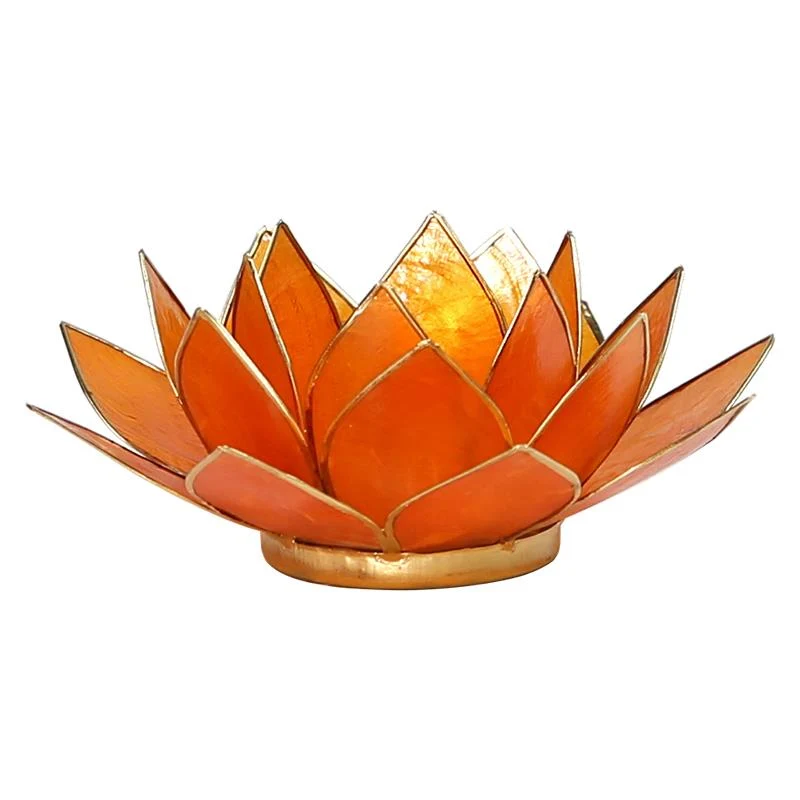 Lotus Teelichthalter aus Capiz-Muschel – orange mit goldfarbenem Rand (2. Chakra)