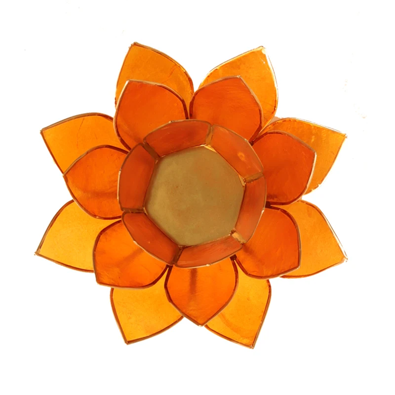 Lotus Teelichthalter aus Capiz-Muschel – orange mit goldfarbenem Rand (2. Chakra)