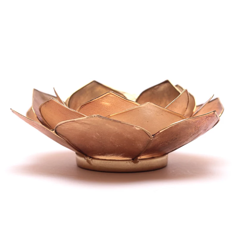 Lotus Teelichthalter aus Capiz-Muschel – rauchig/beige mit goldfarbenem Rand