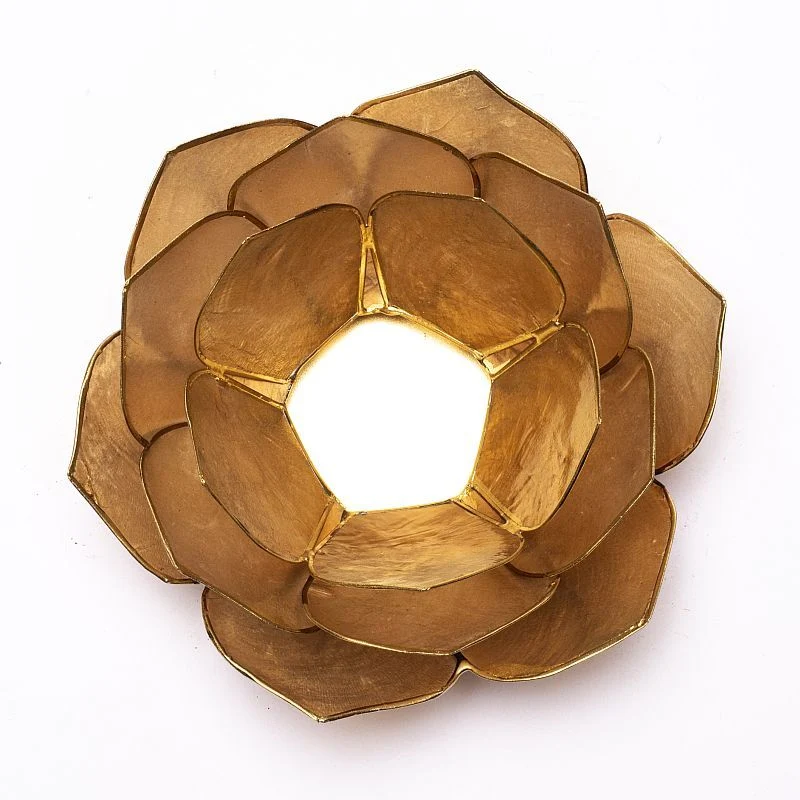 Lotus Teelichthalter aus Capiz-Muschel – rauchig/beige mit goldfarbenem Rand