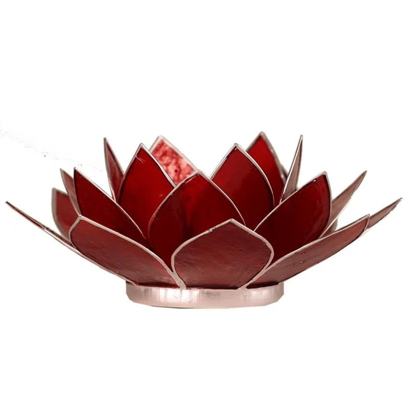 Lotus Teelichthalter aus Capiz-Muschel – rot mit silberfarbenem Rand (1. Chakra)