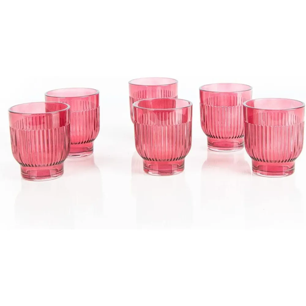 6 Teelichthalter aus Glas mit Rillen - rosa pink 7 x 8 cm