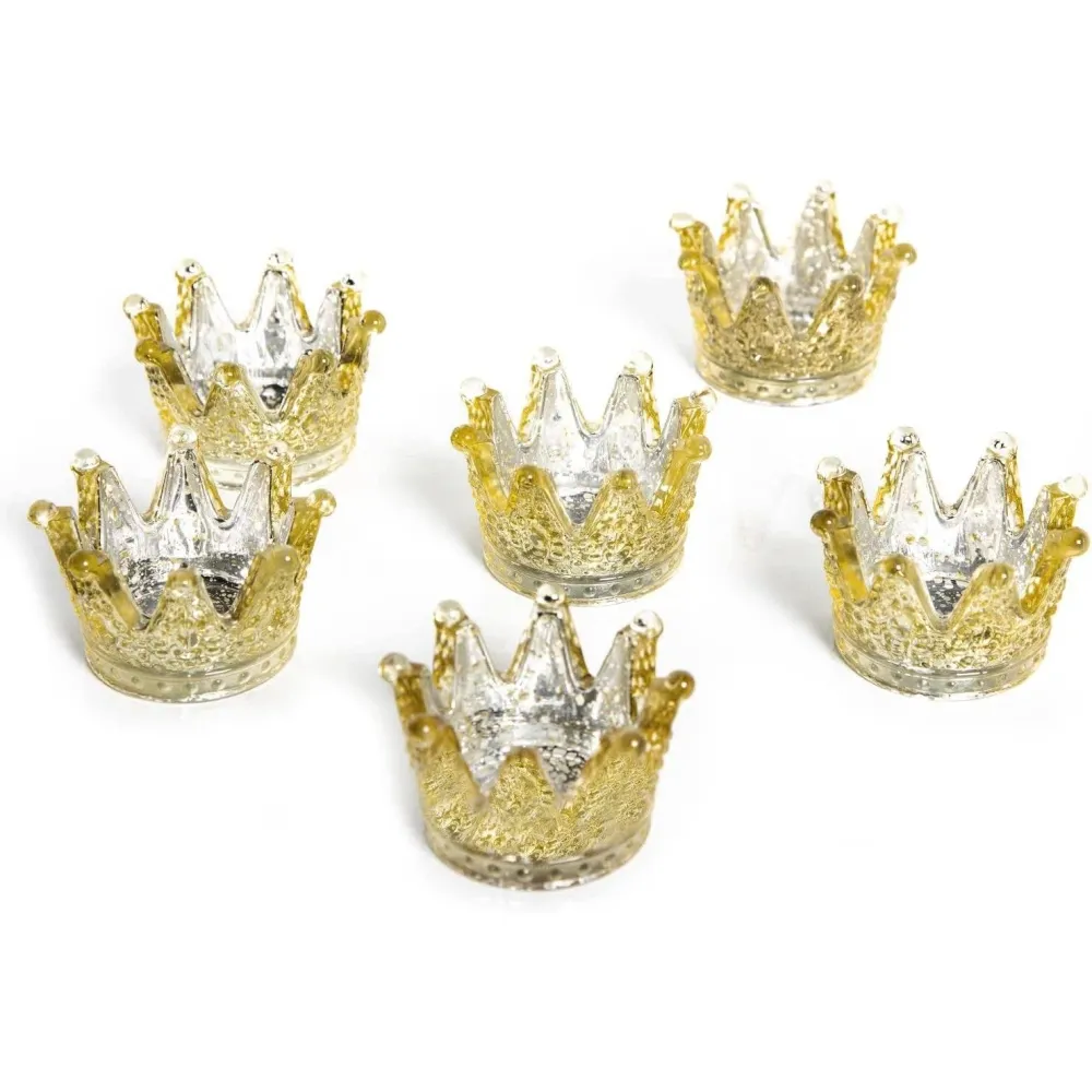 6 Teelichthalter Kronen aus Glas - gold transparent 8 cm