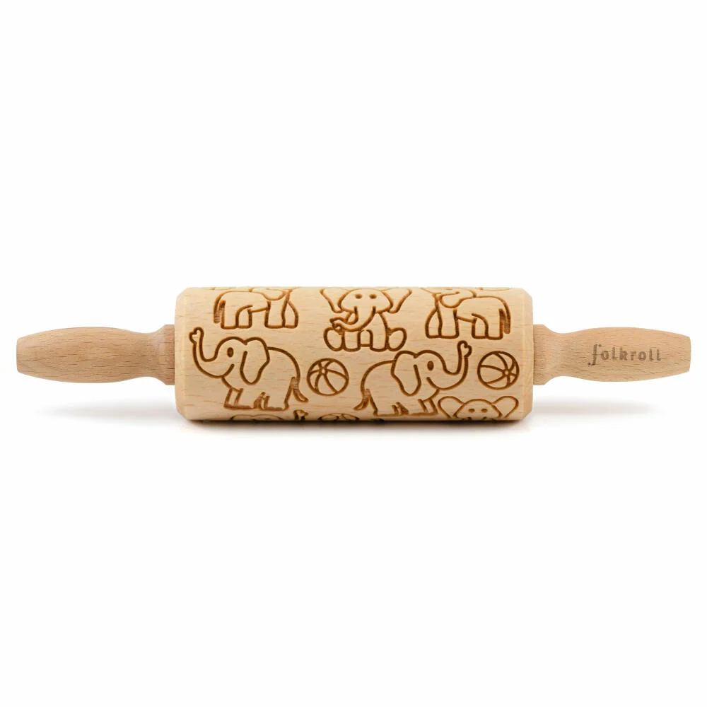 Folkroll Teigrolle Elefanten, junior, 23 cm, Nudelholz, Prägerolle, Muster, Motiv, Rolle, Buchenholz, 336960