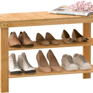 Exabang Schuhregal Bambus mit Sitzbank, Holz Ablagen 70 x 29