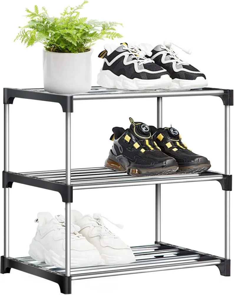 Kleines Stapelbares Schuhregal Metall 3 Ebenen Schwarz