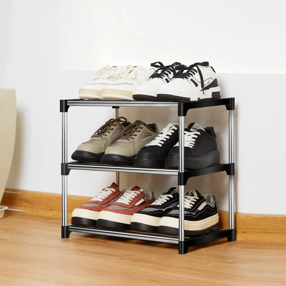 Kleines Stapelbares Schuhregal Metall 3 Ebenen Schwarz