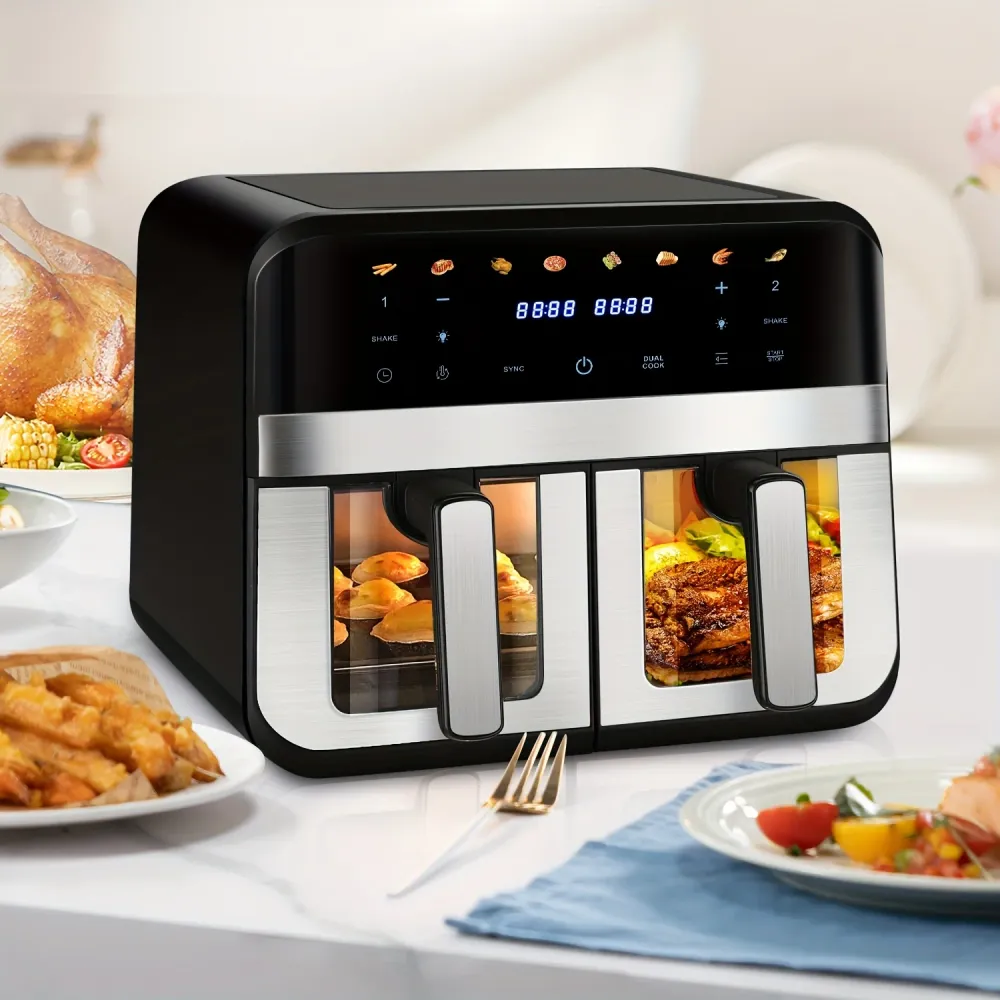 ThermoKorb 9L Dual-Zonen Heißluftfritteuse – 8 Programme, LED-Timer, Antihaftbeschichtung, Sichtfenster