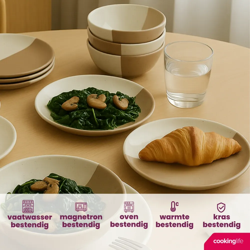 Cookinglife Geschirrset Leem 18-teilig / 6 Personen - 6 Speiseteller, 6 Frühstücksteller und 6 Schalen