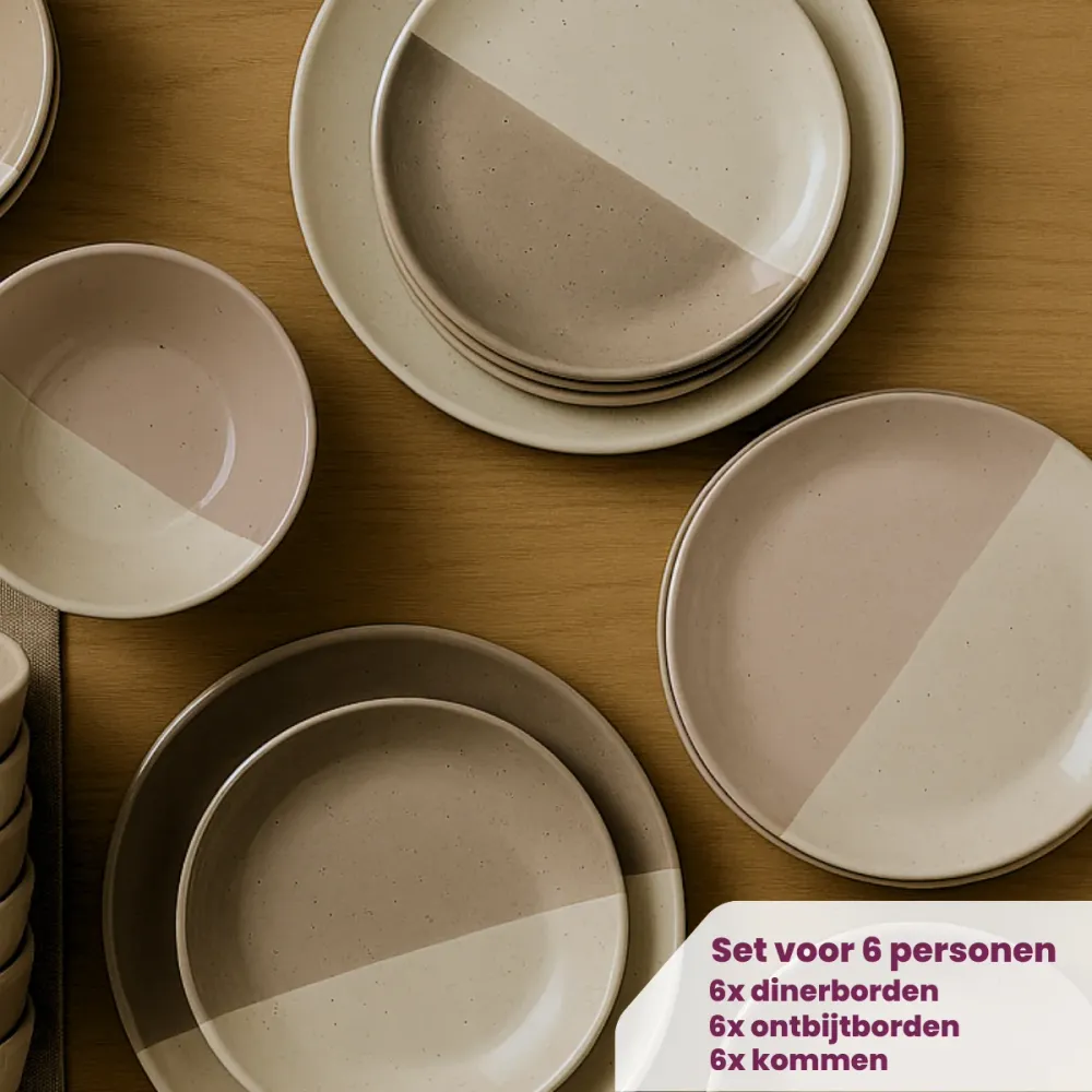 Cookinglife Geschirrset Leem 18-teilig / 6 Personen - 6 Speiseteller, 6 Frühstücksteller und 6 Schalen