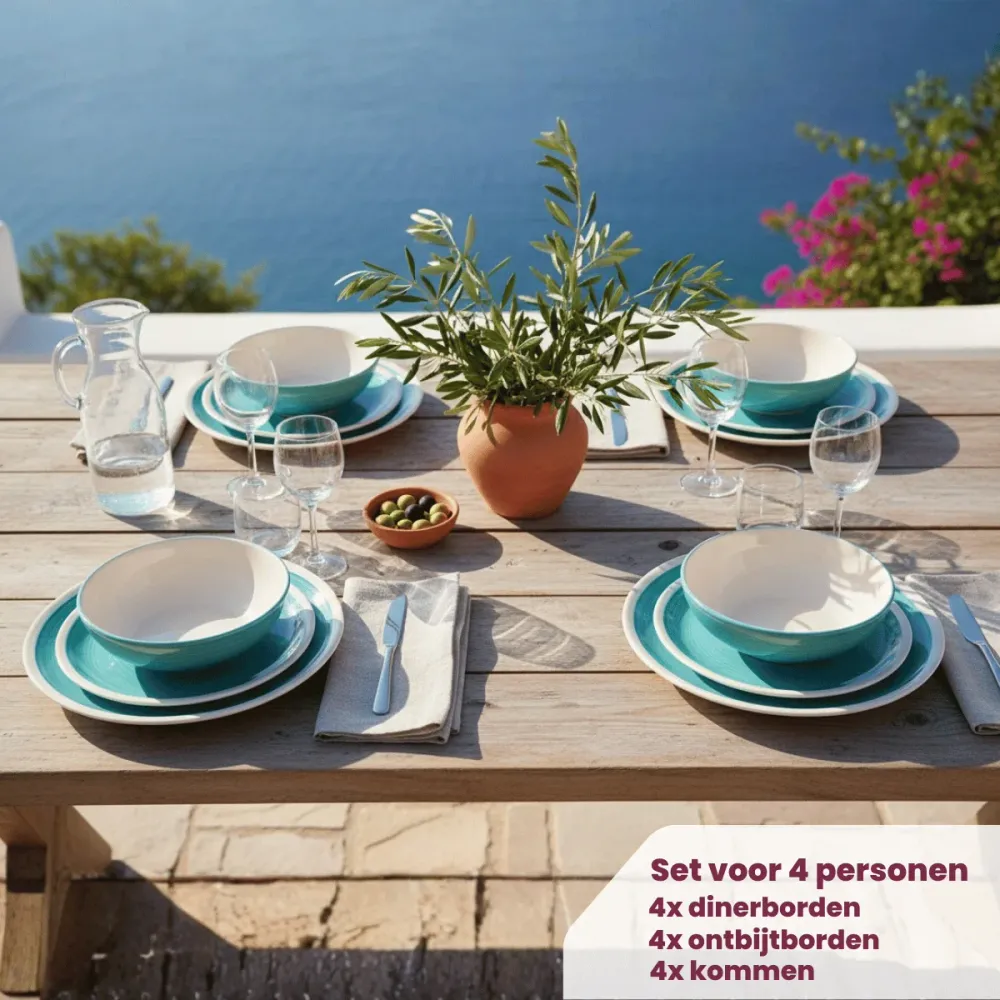 Cookinglife Geschirrset Ocean Türkis 12-teilig / 4 Personen - 4 Speiseteller, 4 Frühstücksteller und 4 Schüsseln