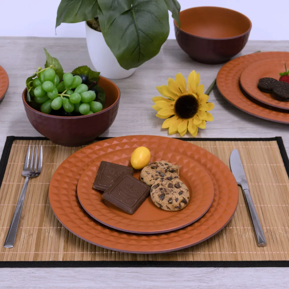 Melamin Geschirrset für 4 Personen - 12 Teile elegante Steingut Optik Terracotta-Rot - Campinggeschirr Geschirrset Tafelge...
