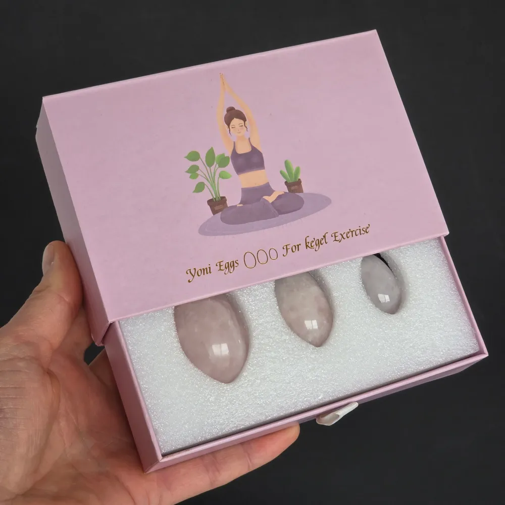 Yoni-Eier rosa Quarz (mit Loch) – Set aus 3 Teilen