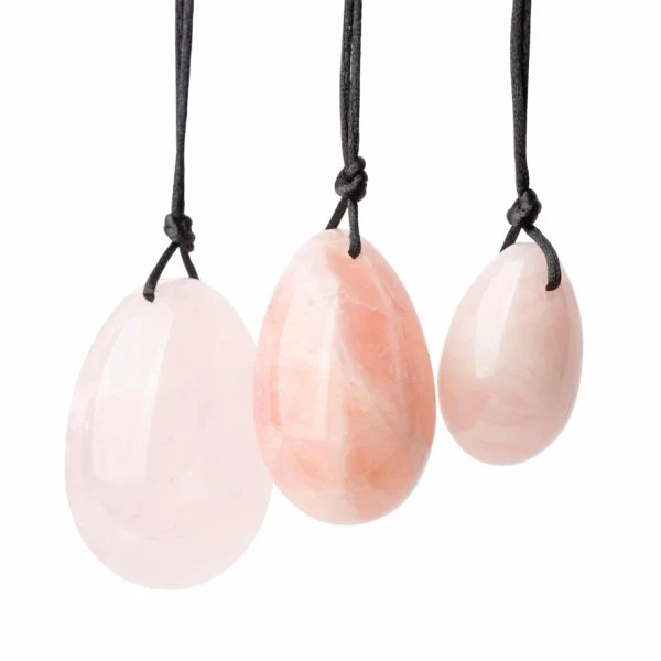 Yoni-Eier rosa Quarz (mit Loch) – Set aus 3 Teilen