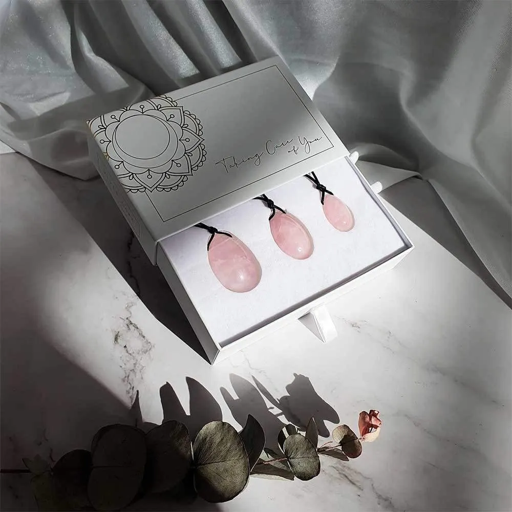 Yoni-Eier rosa Quarz (mit Loch) – Set aus 3 Teilen