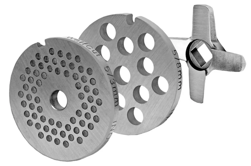 WOLFCUT - Fleischwolfscheibensatz 3 mm + 8 mm Bohrung und ein Kreuzmesser kompatibel mit allen gängigen Fleischwolf Marken...