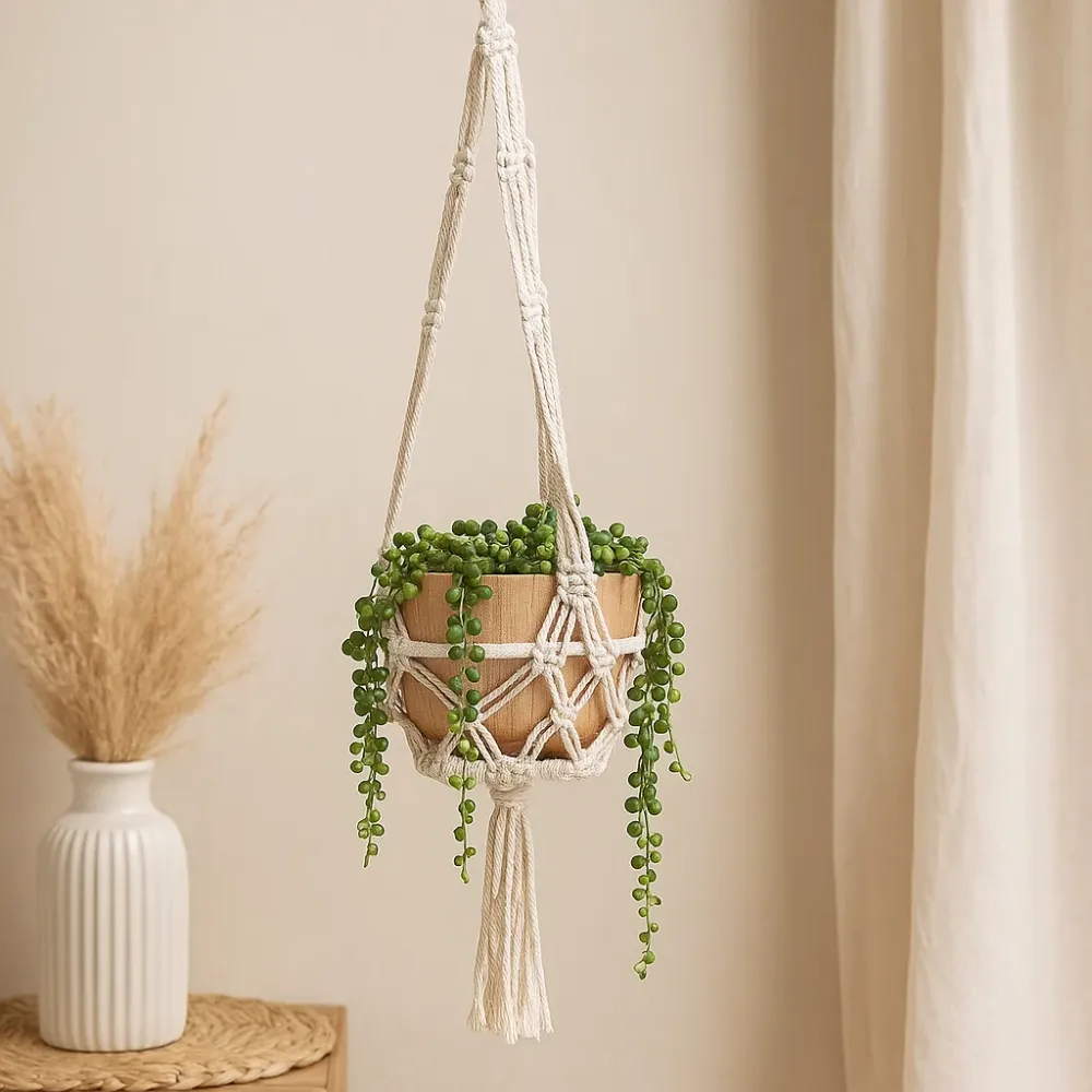 Makramee-Topflappen, Natur, mit Ring, 16 cm