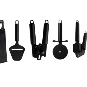 Cookinglife Kochgeschirr Set Schwarz - 6-teilig - Turmreibe, Knoblauchpresse, Dosenöffner, Pizzaschneider, Käseschneider &...