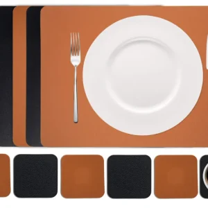 Cookinglife 6 Platzsets + 6 Untersetzer - Doppelseitig - Veganes Leder - Schwarz / Cognac - 12 Stück