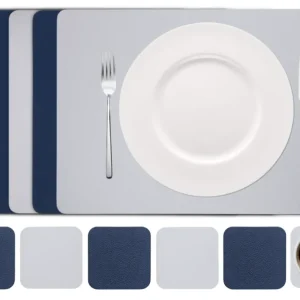 Cookinglife 6 Platzsets + 6 Untersetzer - Doppelseitig - Veganes Leder - Blau / Grau - 12 Stück