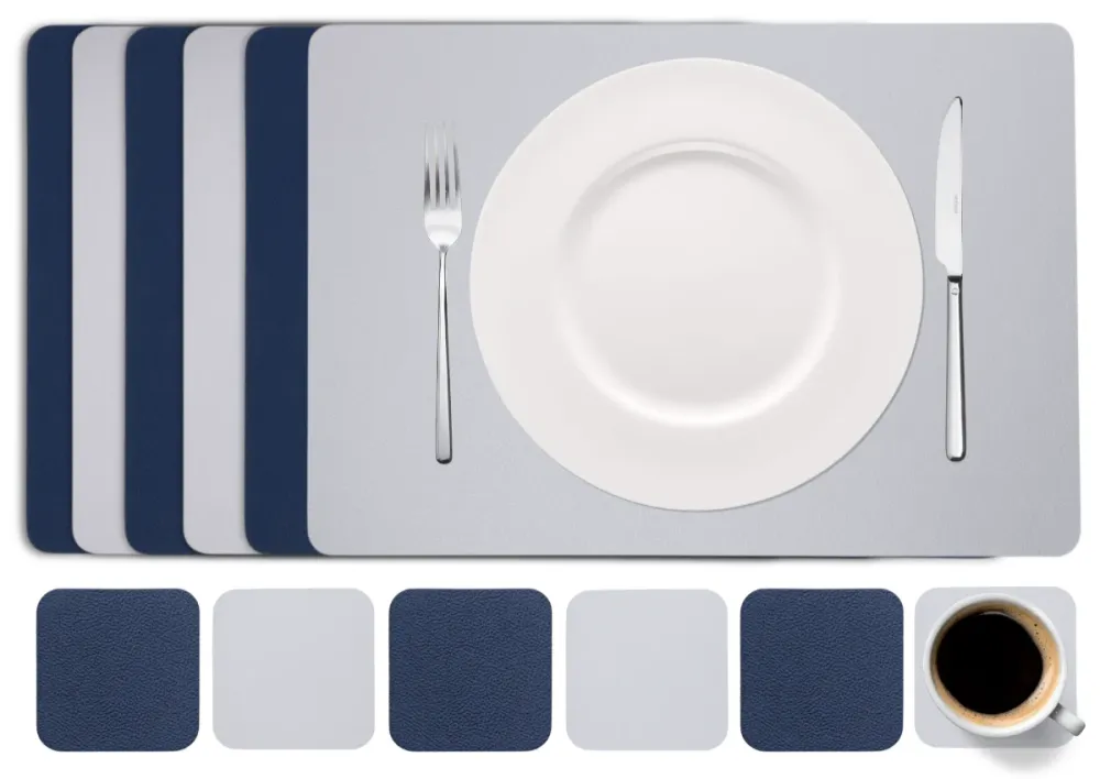 Cookinglife 6 Platzsets + 6 Untersetzer - Doppelseitig - Veganes Leder - Blau / Grau - 12 Stück