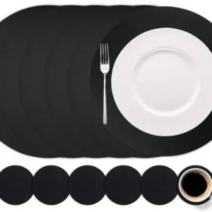 Cookinglife 6 Platzsets + 6 Untersetzer - Rund - Veganes Leder - Schwarz - 12 Stück