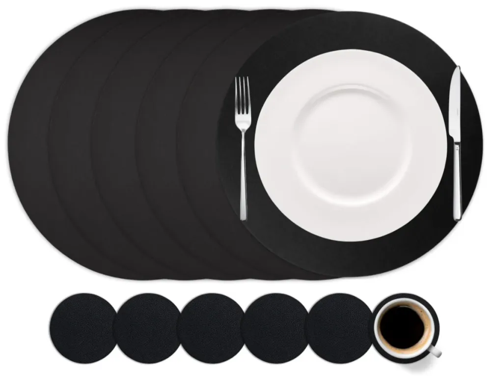 Cookinglife 6 Platzsets + 6 Untersetzer - Rund - Veganes Leder - Schwarz - 12 Stück