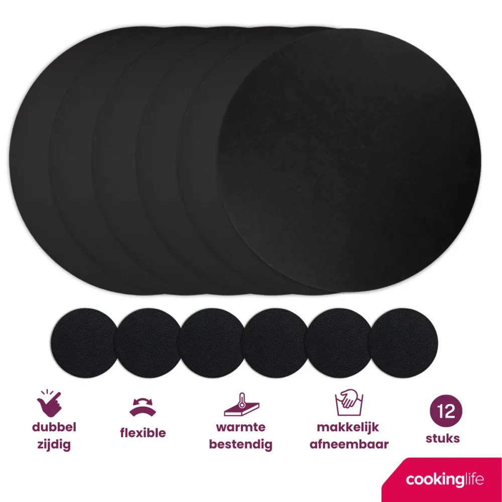 Cookinglife 6 Platzsets + 6 Untersetzer - Rund - Veganes Leder - Schwarz - 12 Stück