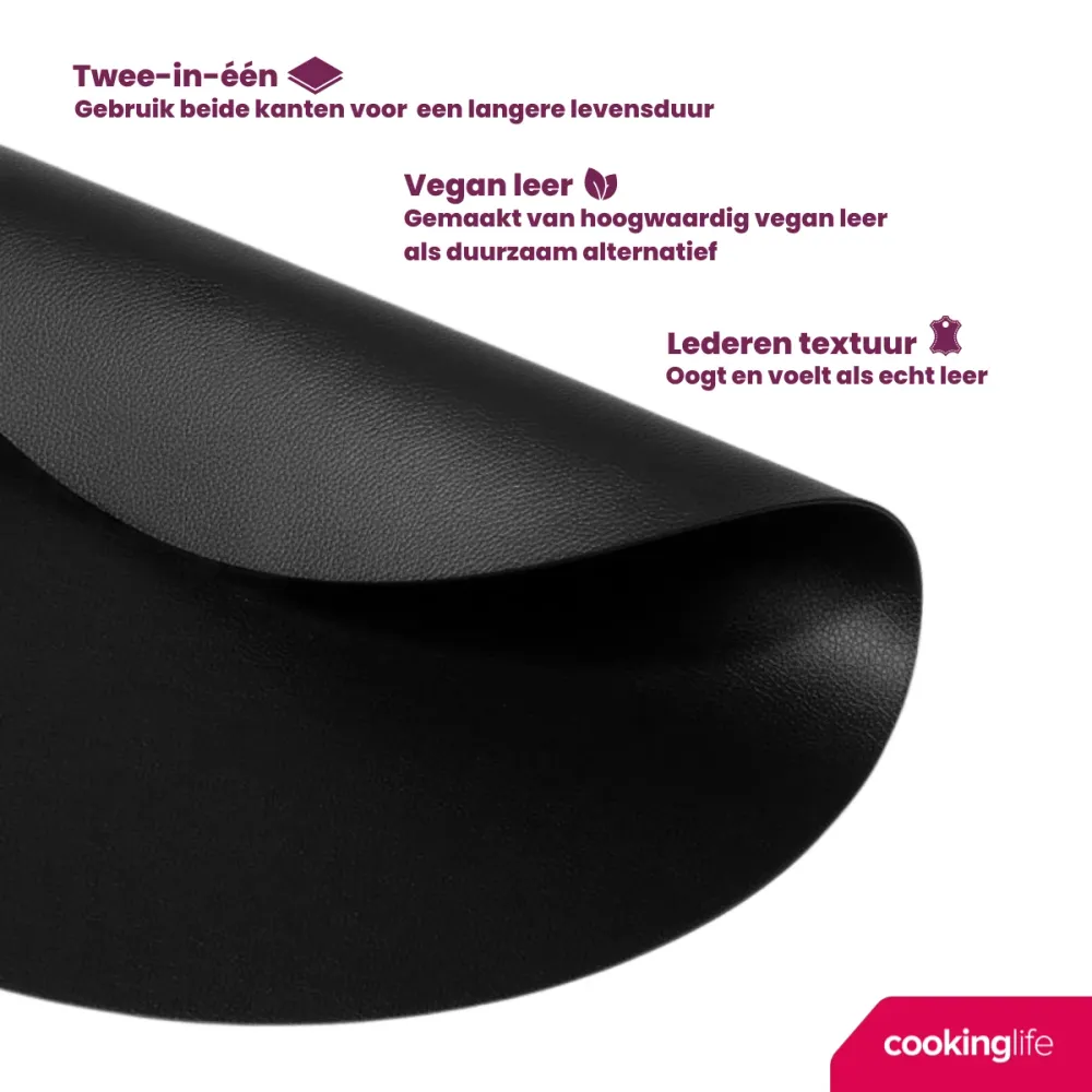 Cookinglife 6 Platzsets + 6 Untersetzer - Rund - Veganes Leder - Schwarz - 12 Stück