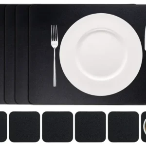 Cookinglife 6 Platzsets + 6 Untersetzer - Veganes Leder - Schwarz - 12 Stück